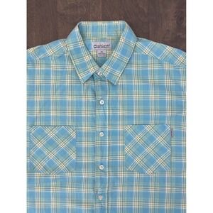 Carhartt Men Blue Plaid Button Up Short Sleeve Shirt Size XL 100% Cotton Pockets